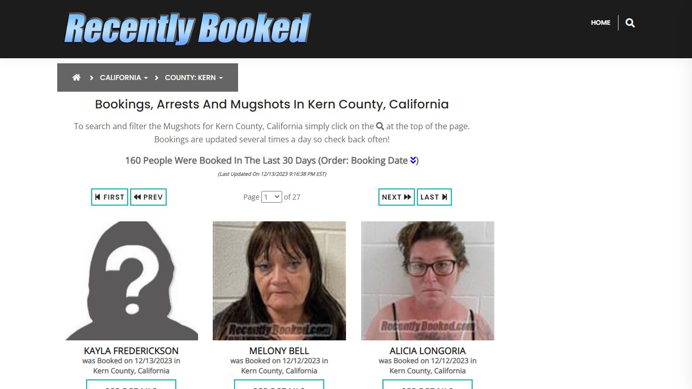 Recent bookings, Arrests, Mugshots in Kern County, California